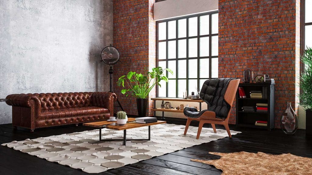 Industrial style loft apartment living room with brick wall and wood flooring