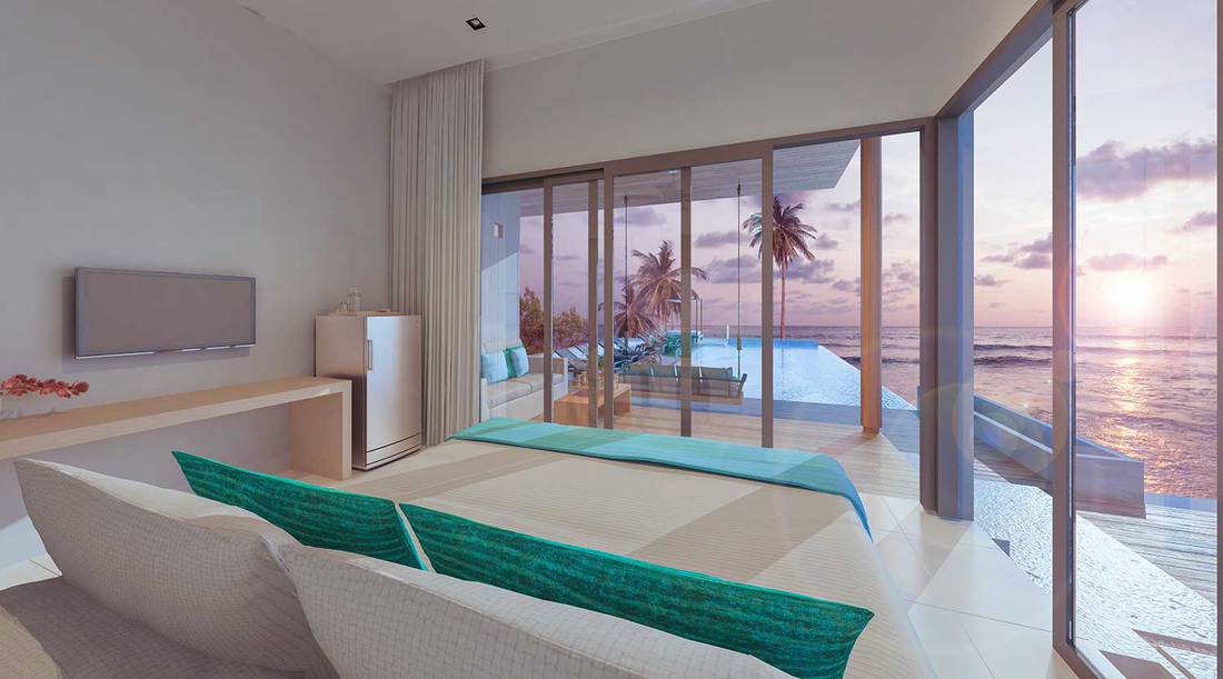 Luxury resort bedroom with beach view
