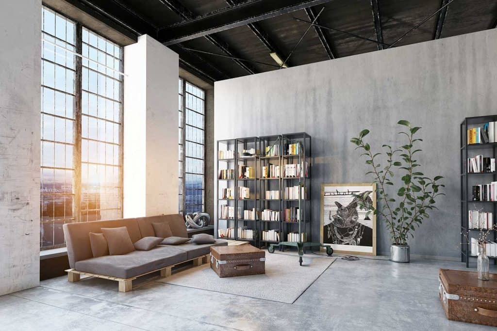 Modern industrial style loft living room with overview of the city