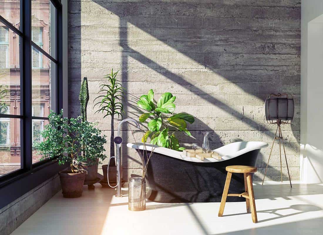 Modern loft bathroom interior with glass window and concrete wall