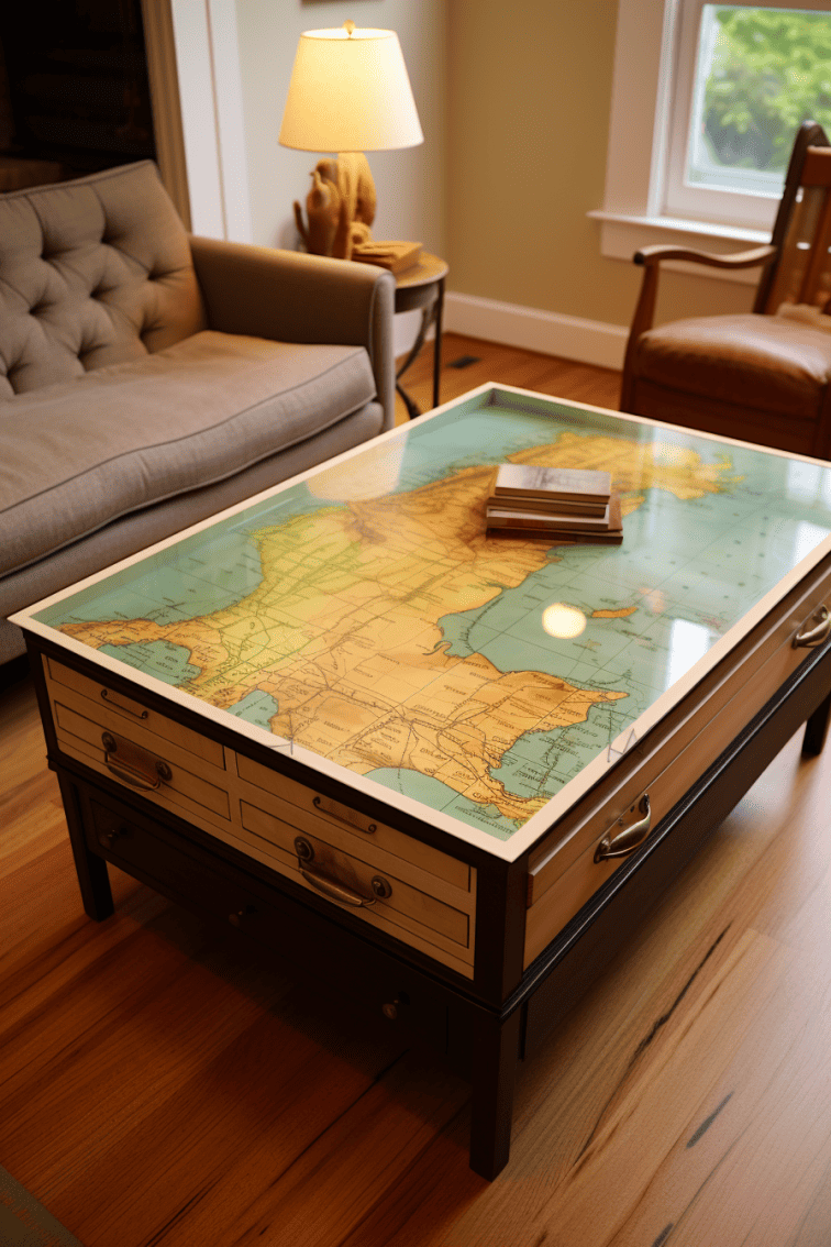 A hyperrealistic coffee table with a small dresser design featuring a map of the world glued on the top