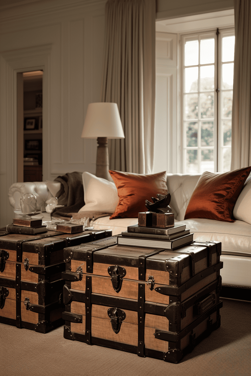 A hyperrealistic living room setting featuring stacked antique trunks as a coffee table