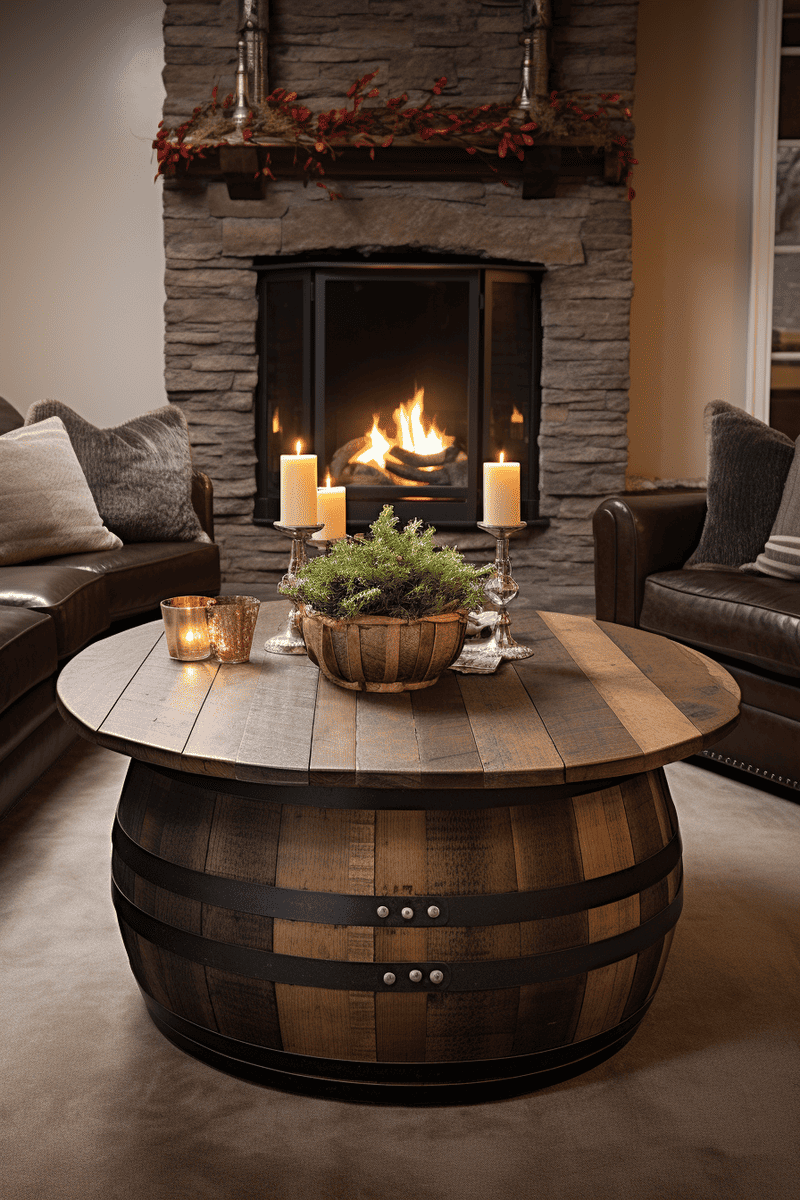 A photorealistic coffee table made from a halved whiskey barrel, featuring the rustic charm of the wood and metal accents