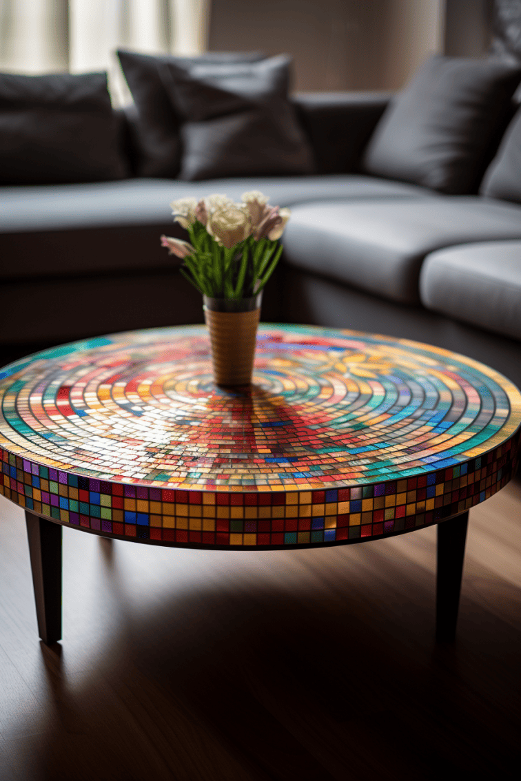 A photorealistic coffee table with a rainbow mosaic design, showcasing vibrant colors and intricate patterns