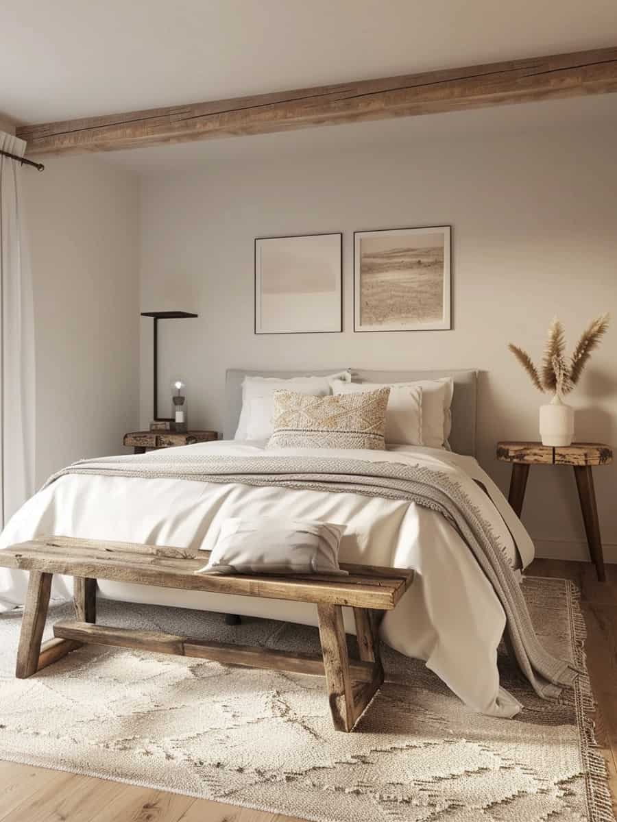 Aged wooden bench, worn-looking bedding, and mid-century style console tables with clean lines and chosen wood grains