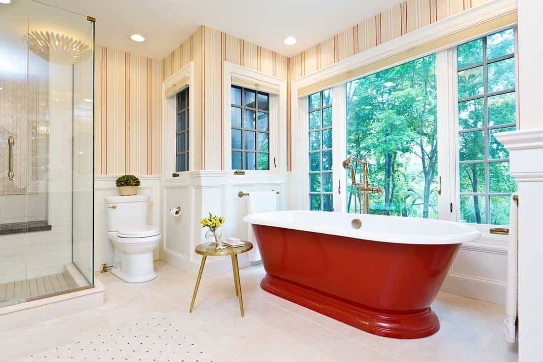 Contemporary modern bathroom design featuring a contemporary classic freestanding cast iron bathtub against a scenic window