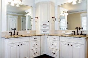 Luxury large white master bathroom cabinets with double sinks