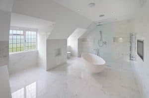 White marble bathroom that's bright and airy
