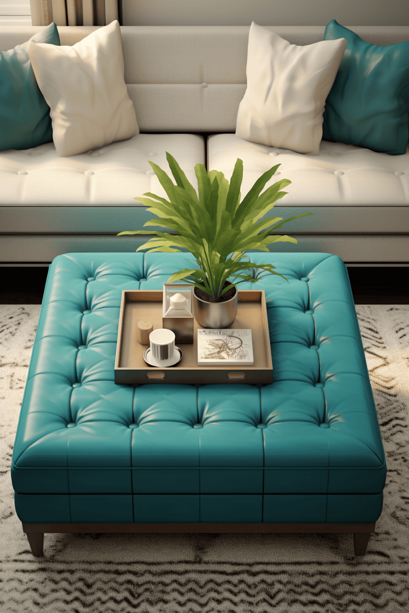 a hyperrealistic image featuring a tufted ottoman as coffee table in a living room setting
