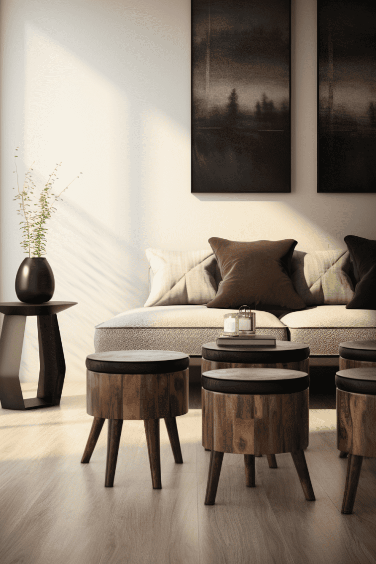 a hyperrealistic image featuring stools used as a coffee table in a living room setup