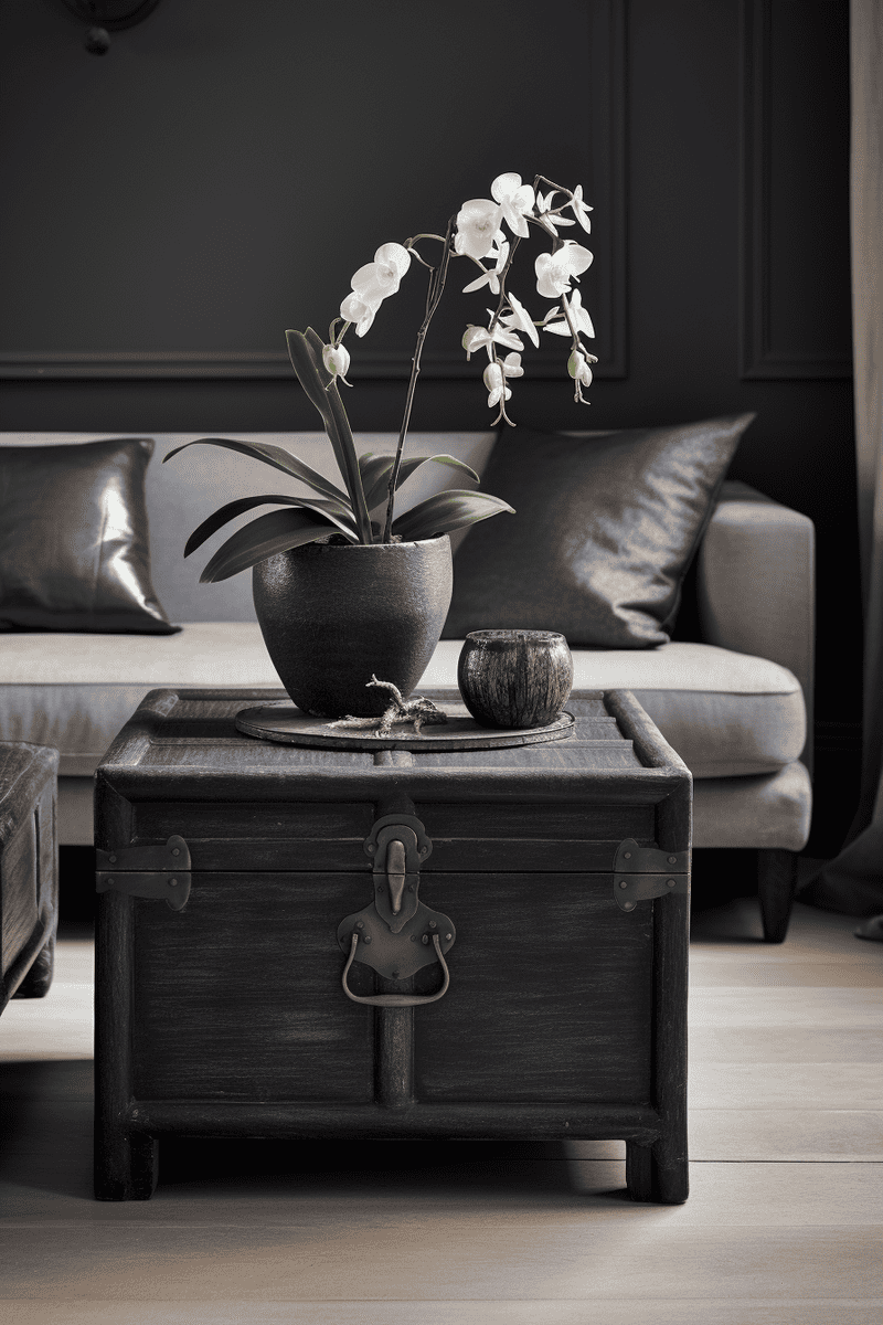 a hyperrealistic image of a blackwashed hyacinth storage trunk with a smooth wooden lid, perfect for use as a coffee table