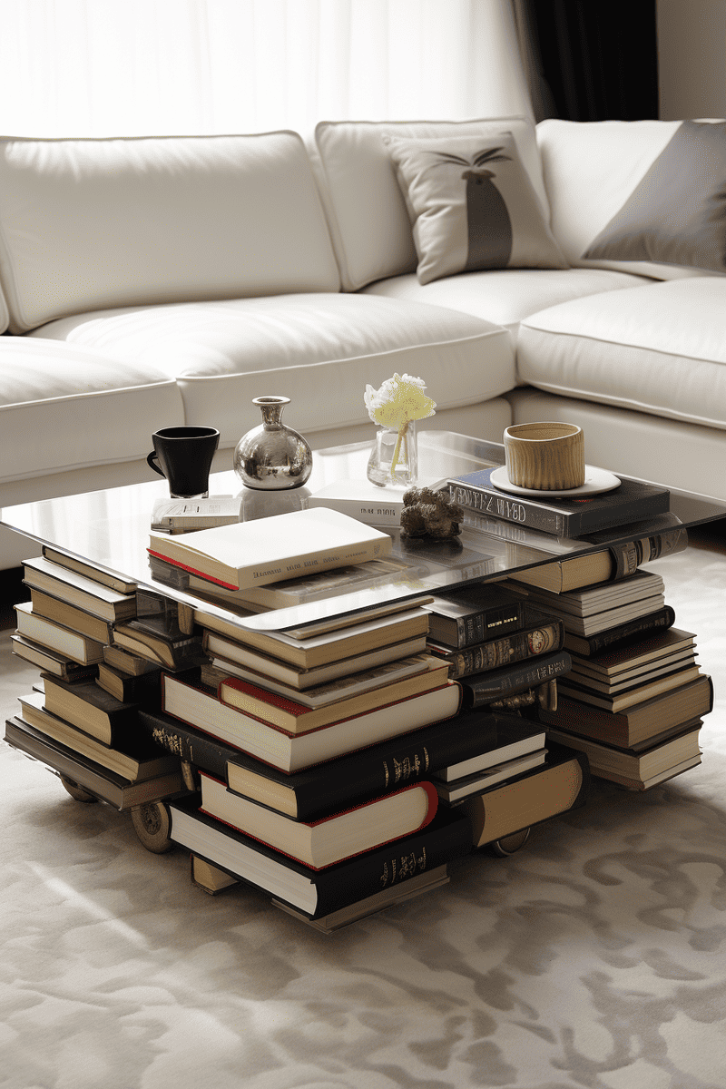 a hyperrealistic image of a coffee table made from stacks of books arranged in a creative and versatile manner
