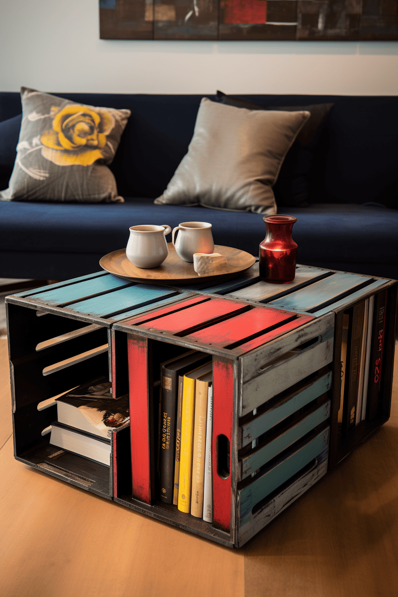 a hyperrealistic image of milk crates flipped open side down to create an instant and versatile coffee table