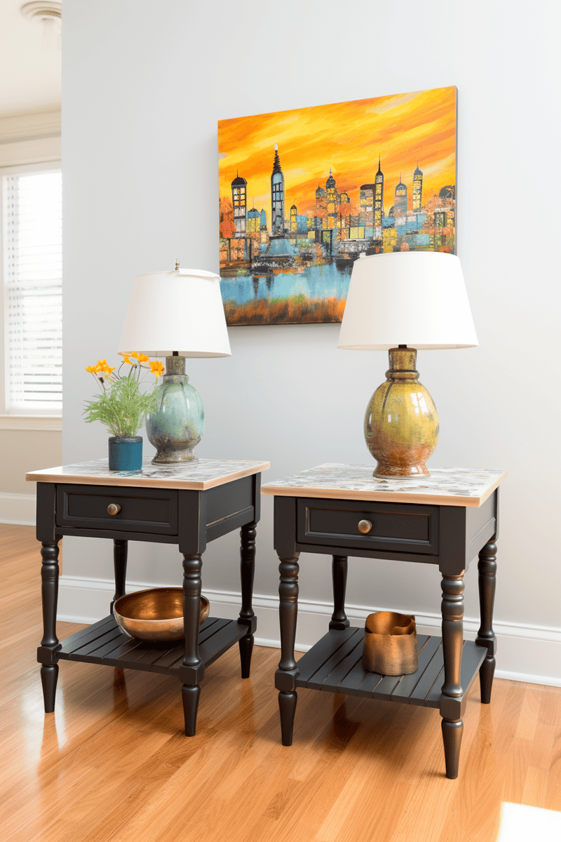 a hyperrealistic image of two matching end tables placed beside each other, repurposing old furniture for versatile placement