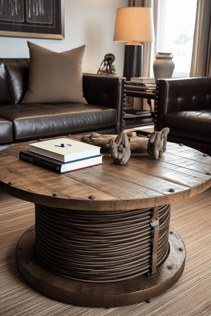 a hyperrealistic image portraying a vintage spool transformed into a coffee table, accompanied by barbed wire for a rugged and distinctive appearance