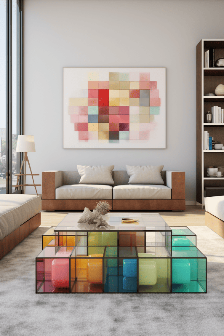 a hyperrealistic scene featuring modular cubes arranged as a coffee table in a contemporary living room setting