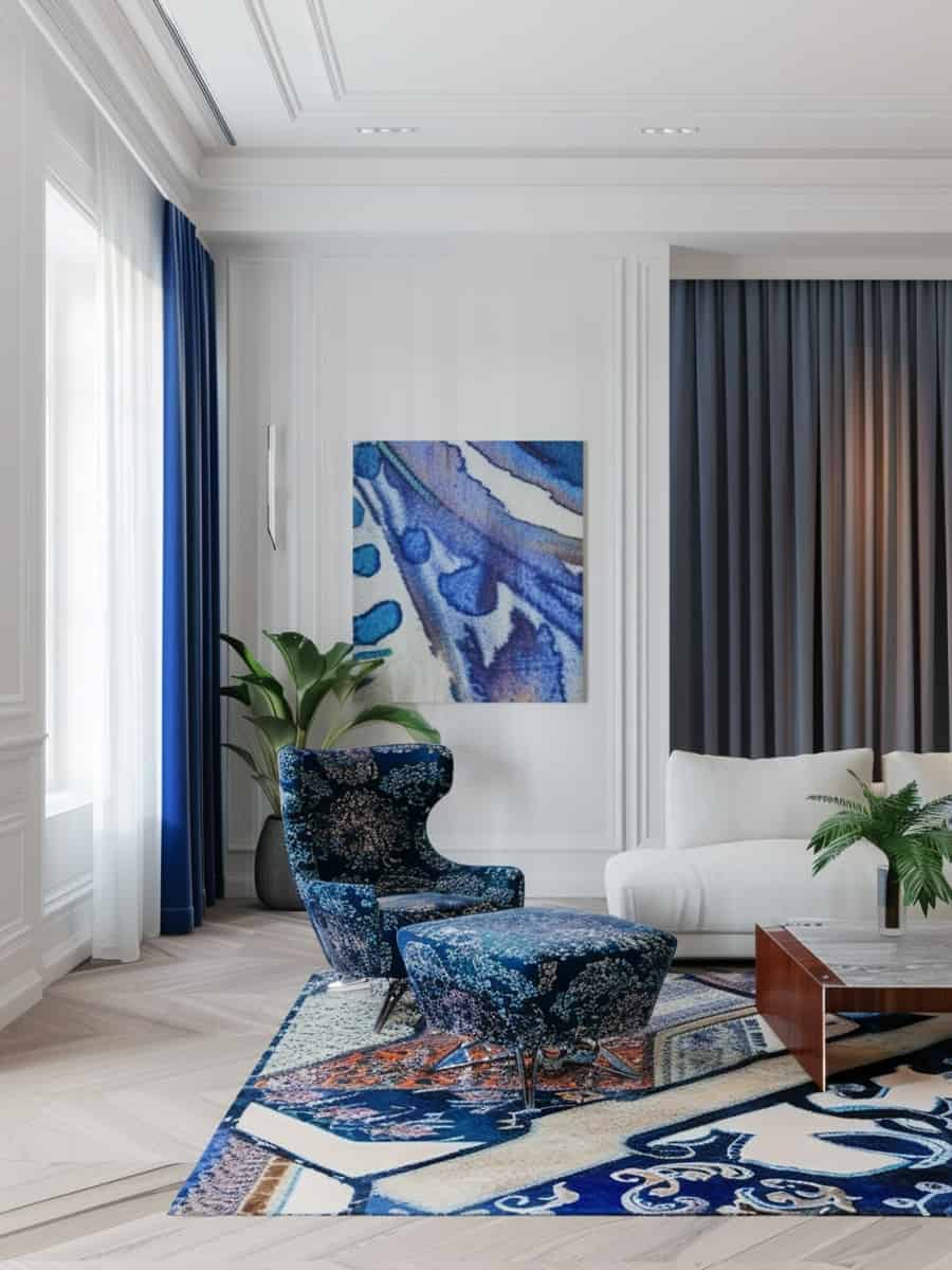 a room adorned with different shades of blue complementing white walls
