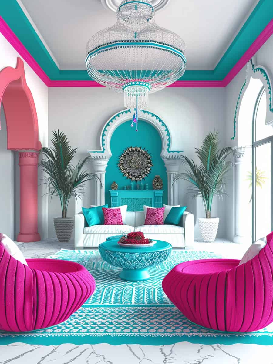 a room adorned with stunning teal blue and fuchsia accents layered over a pristine white background