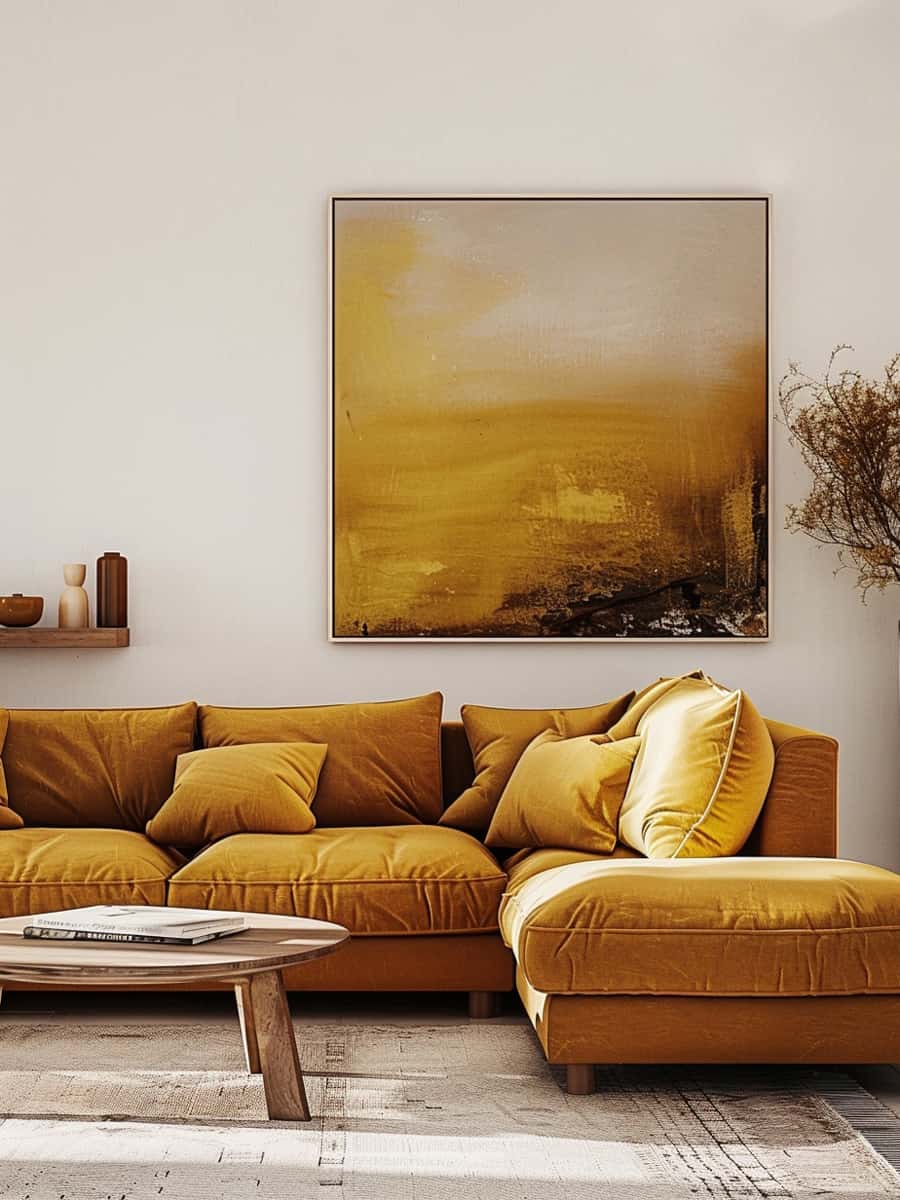 a room featuring mustard yellow accents dominating the space, from the large sofa and area rug to the painting