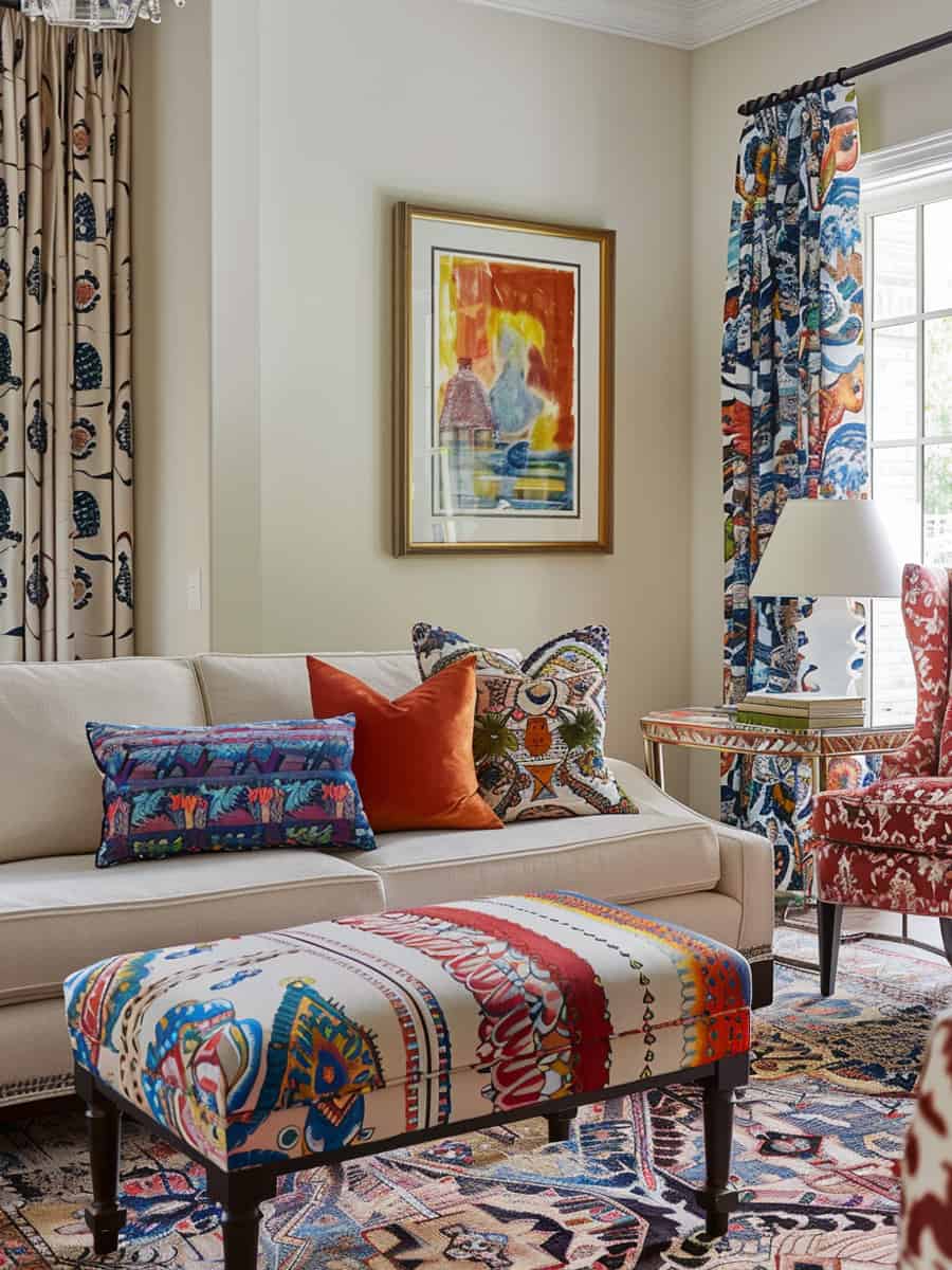 eclectic living room with colorful foundation pieces like the sofa, ottoman, chair, and curtains