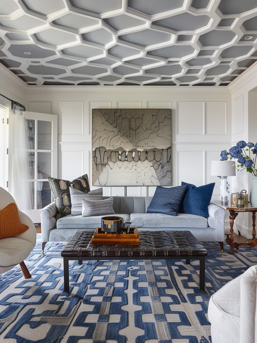 living room featuring bold geometric shapes and patterns, primarily in blue, gray, and white
