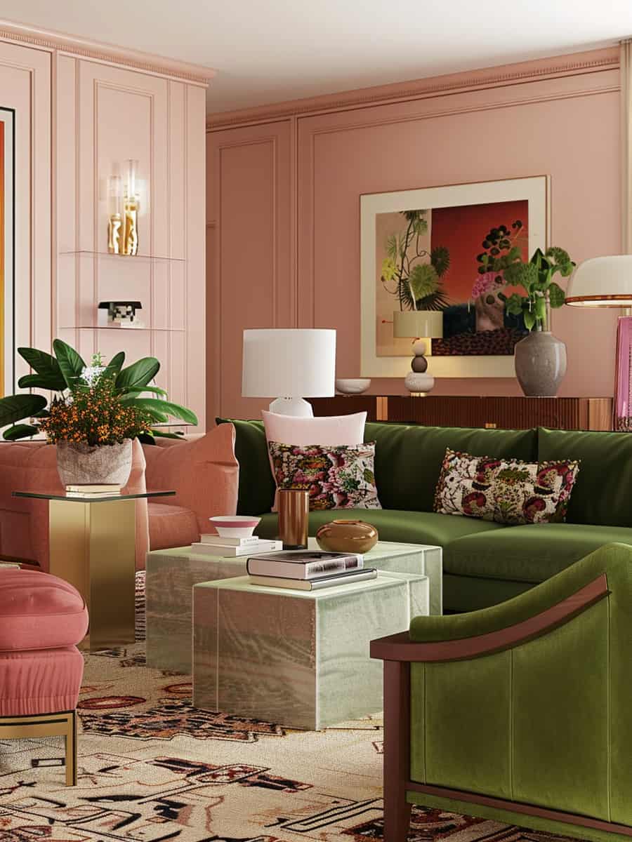living room featuring green and pink velvet furniture inspired by the 1960s