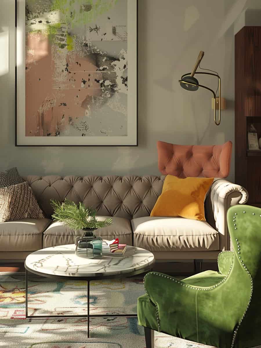 living room showcasing a mix of furniture styles from different eras