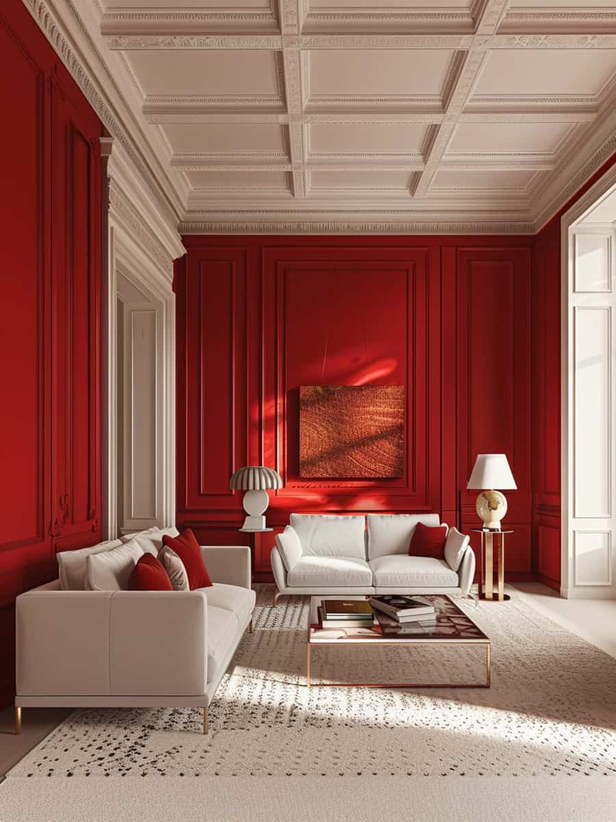room featuring bold red walls that stand out against a backdrop of white ceiling, carpet, and sofa