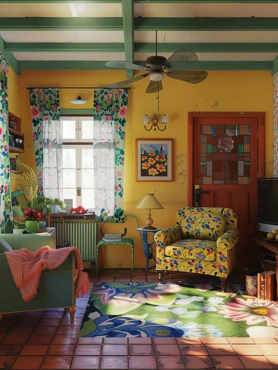 vibrant farmhouse interior adorned with yellow, green, pink, and blue hues