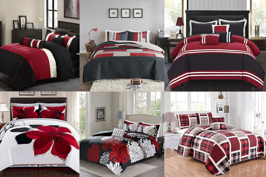 Full/Queen or King Geometric Reversible Quilt & Sham Bedding Set Black White Red 