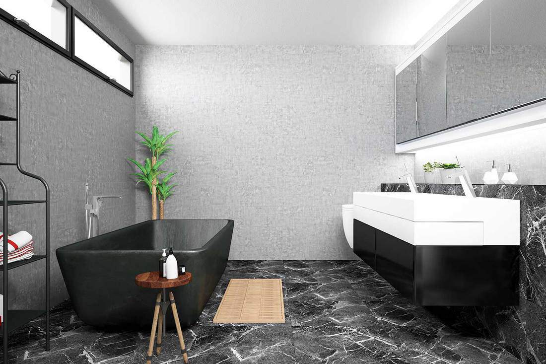 Black and white themed modern bathroom interior