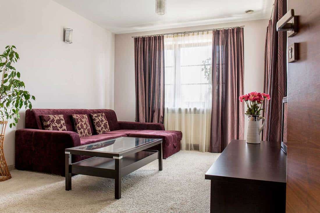 Chambre d'hôtes moderne et confortable avec canapé rouge, moquette et intérieur en bois
