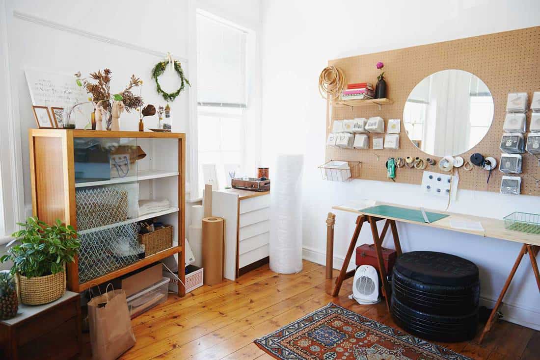 Designer's home studio with parquet floor and wooden interior
