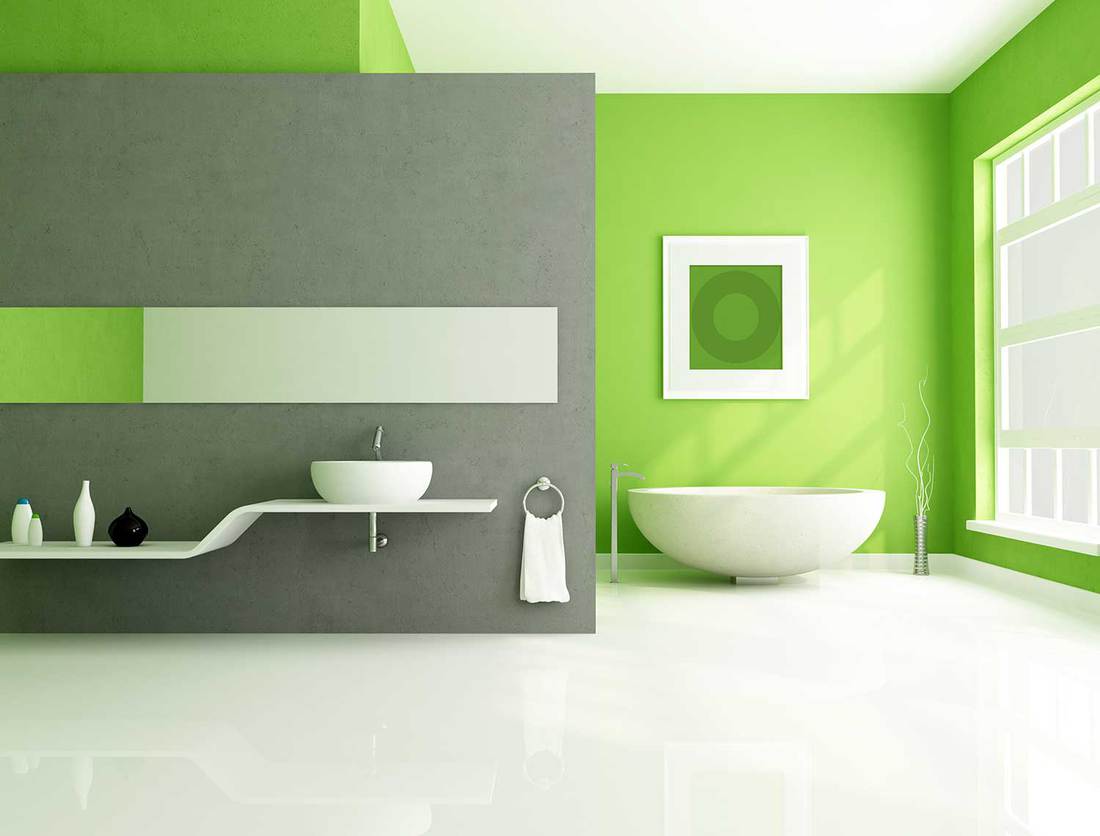 Salle de bain contemporaine verte, blanche et grise