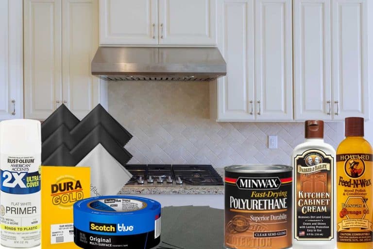 A collage of products to fix worn spots on kitchen cabinets, How To Fix Worn Spots On Kitchen Cabinets
