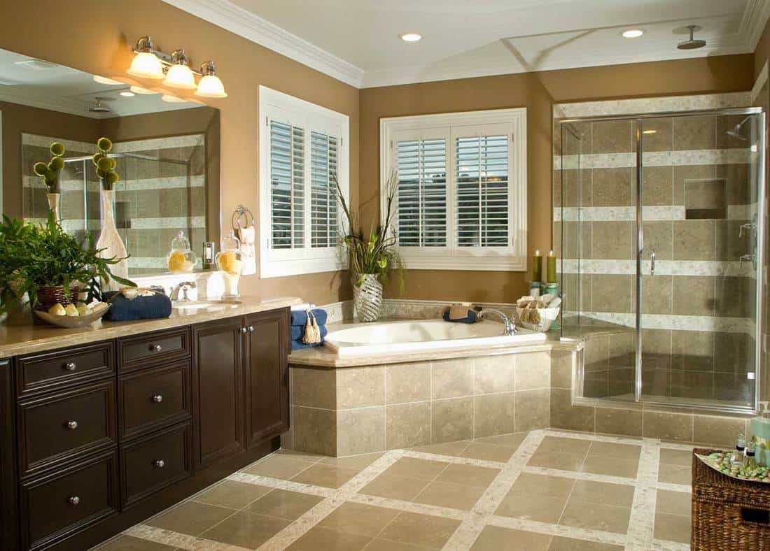 Modern house bathroom with shower, bathtub and dark wood cabinets