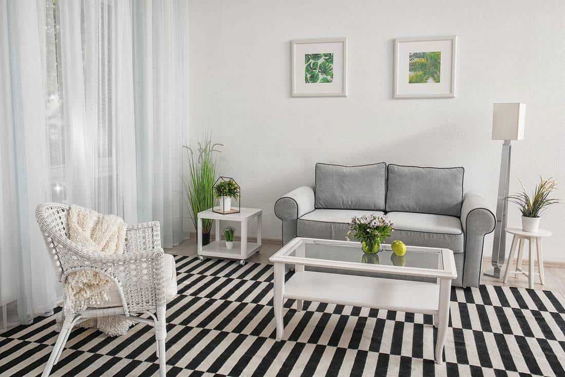 Design de salon moderne avec grand tapis rayé, canapé et intérieur en bois