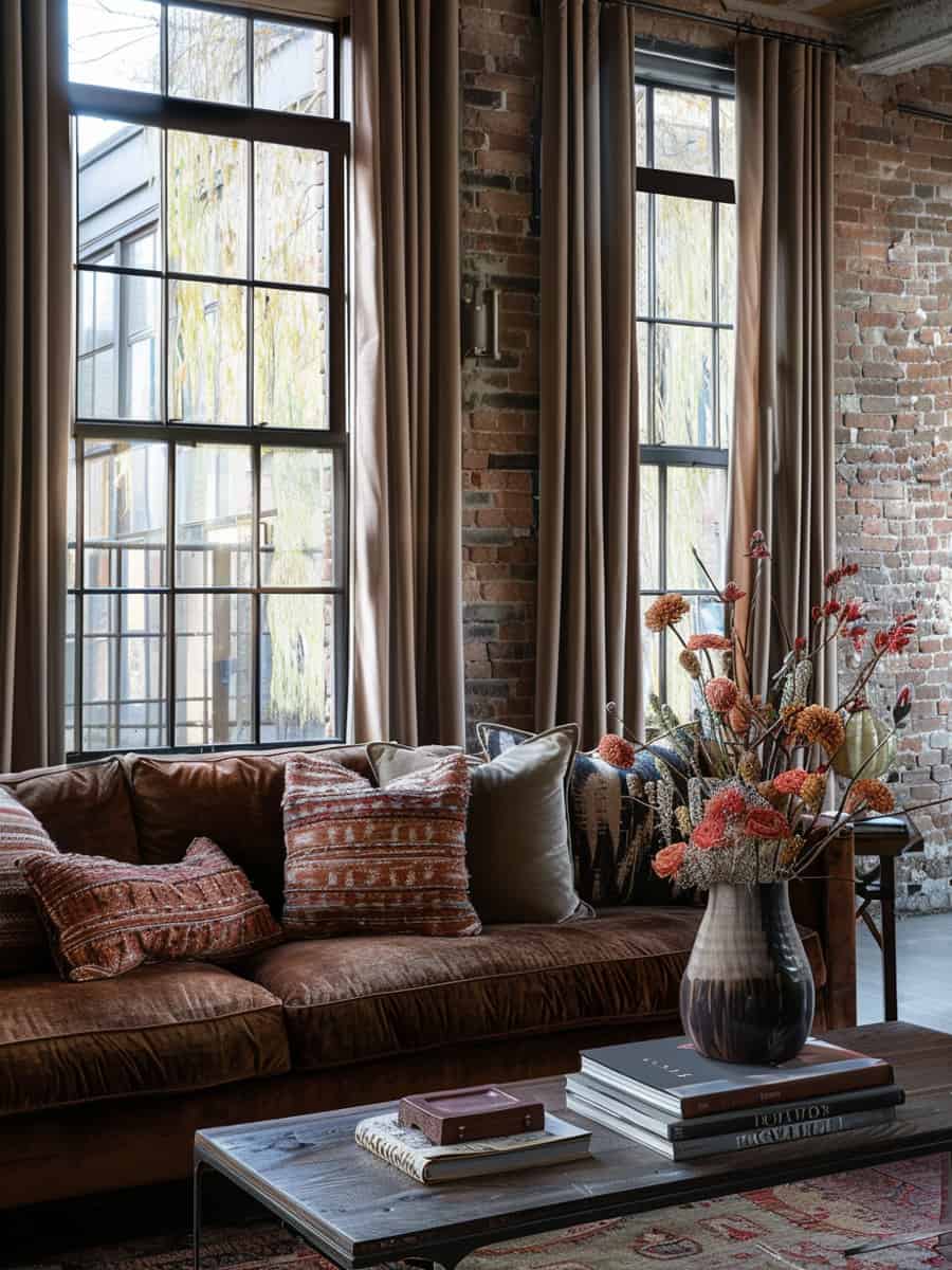 Picture brick-colored curtains framing tall windows, harmonizing with eclectic throw pillows and carefully curated accent pieces brown sofa