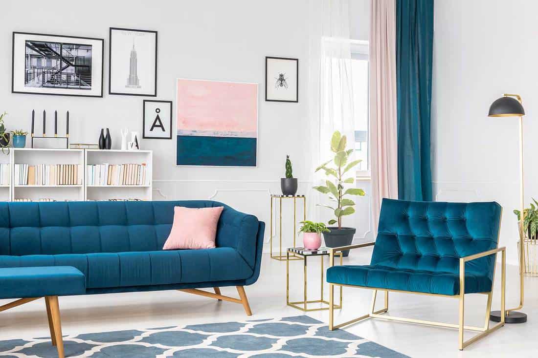 Side angle of blue living room interior with pink and golden accents