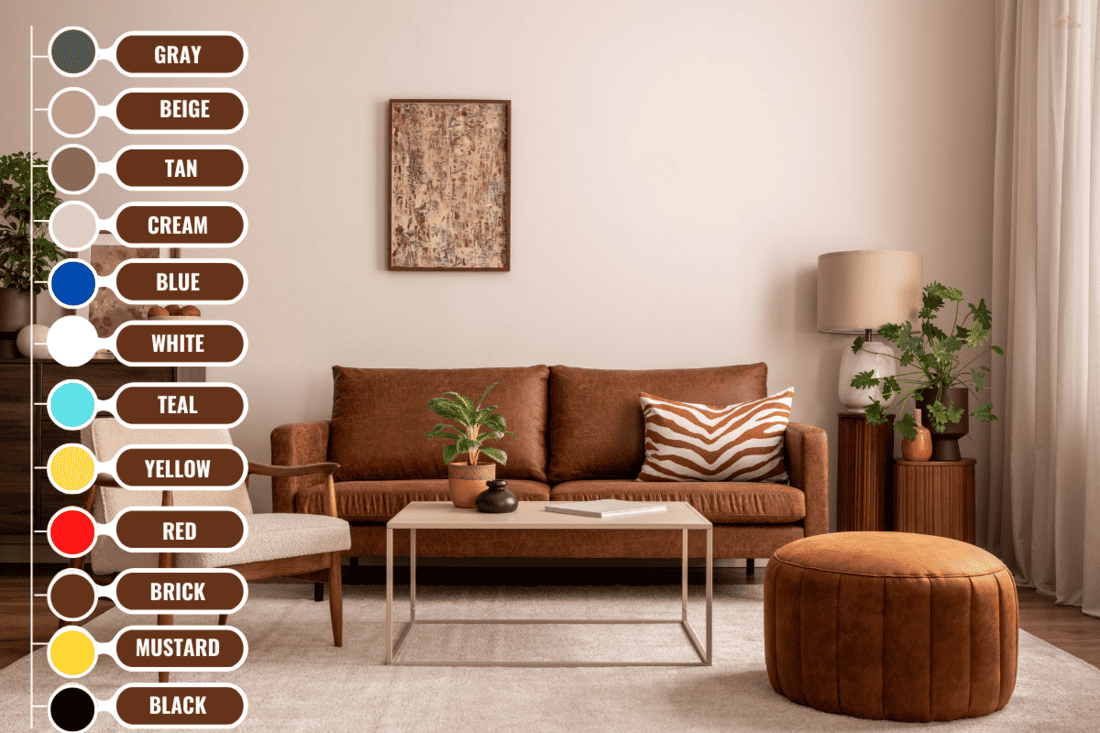 Warm and cozy interior of living room space with brown sofa, pouf, beige carpet, lamp, mock up poster frame, decoration, plant and coffee table. Cozy home d (1)