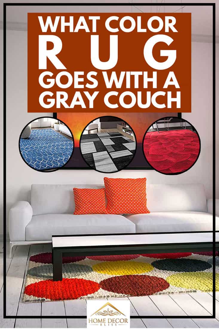 Living room with gray couch and colorful carpet rug on wooden floor, What Color Rug Goes With a Gray Couch
