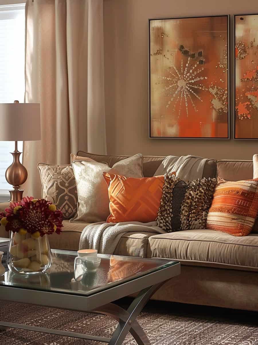 a chic living room ambiance with a medium brown fabric-covered sofa and loveseat, complemented by a modern glass-topped coffee table