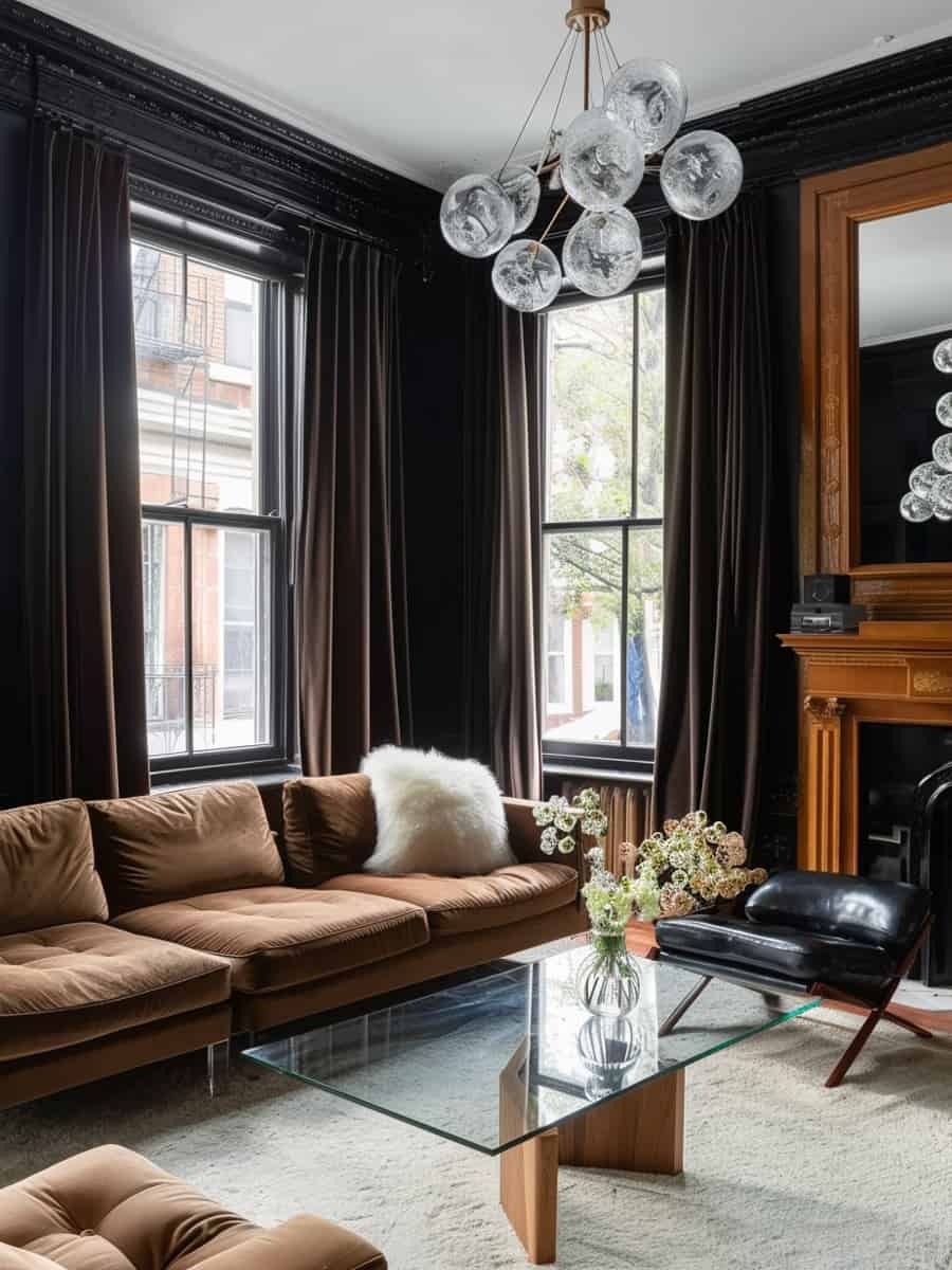allure of black curtains against a backdrop of brown sofas and couches in this sophisticated interior