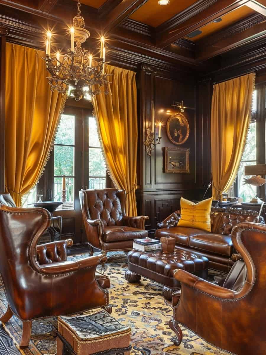 ambiance of a countryside manor with mustard-colored curtains complementing rich brown leather and wood furniture against dark chocolate walls
