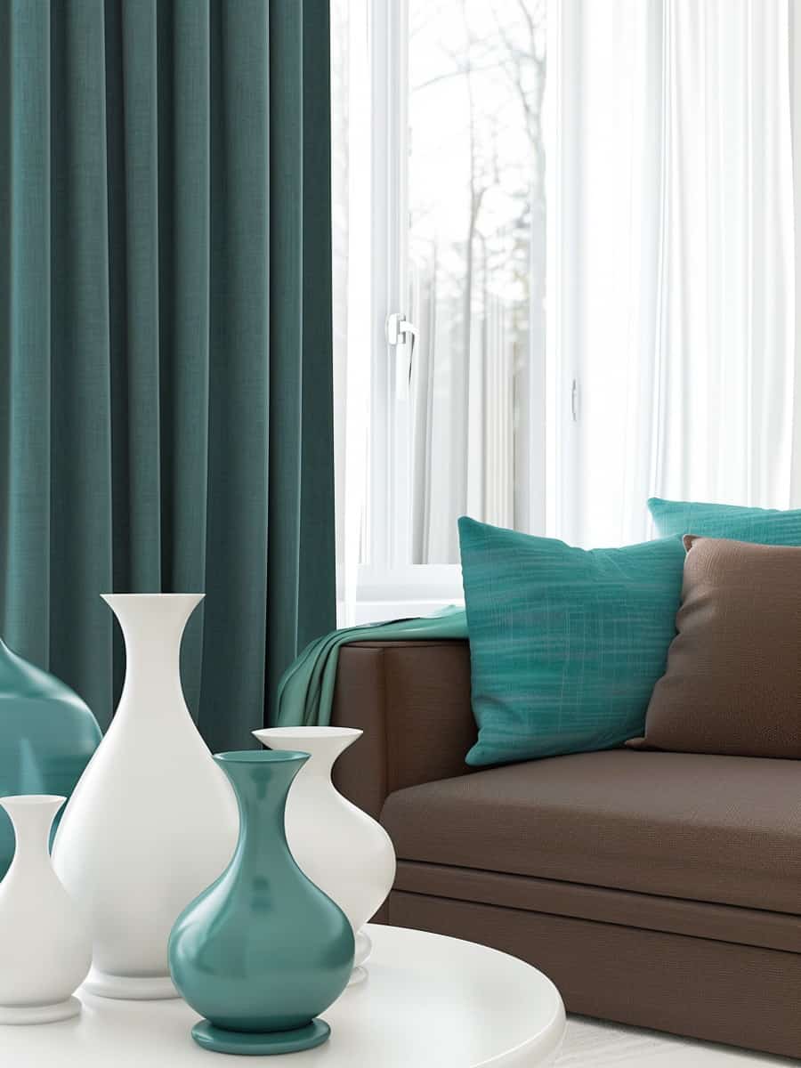 modern aesthetic of your space with teal curtains that beautifully contrast against the stark white interior, while complementing the brown accents of your sofa