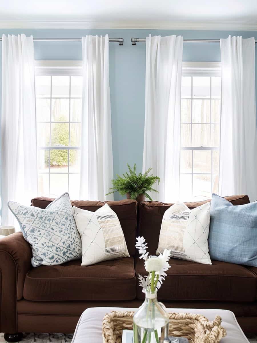 white curtains to complement the classic color combination of a brown sofa with blue walls