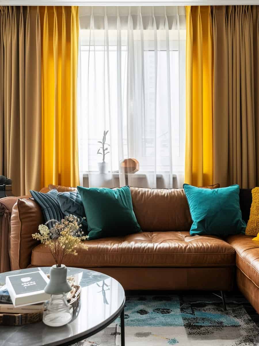 windows with sunny yellow curtains that beautifully complement your brown furniture