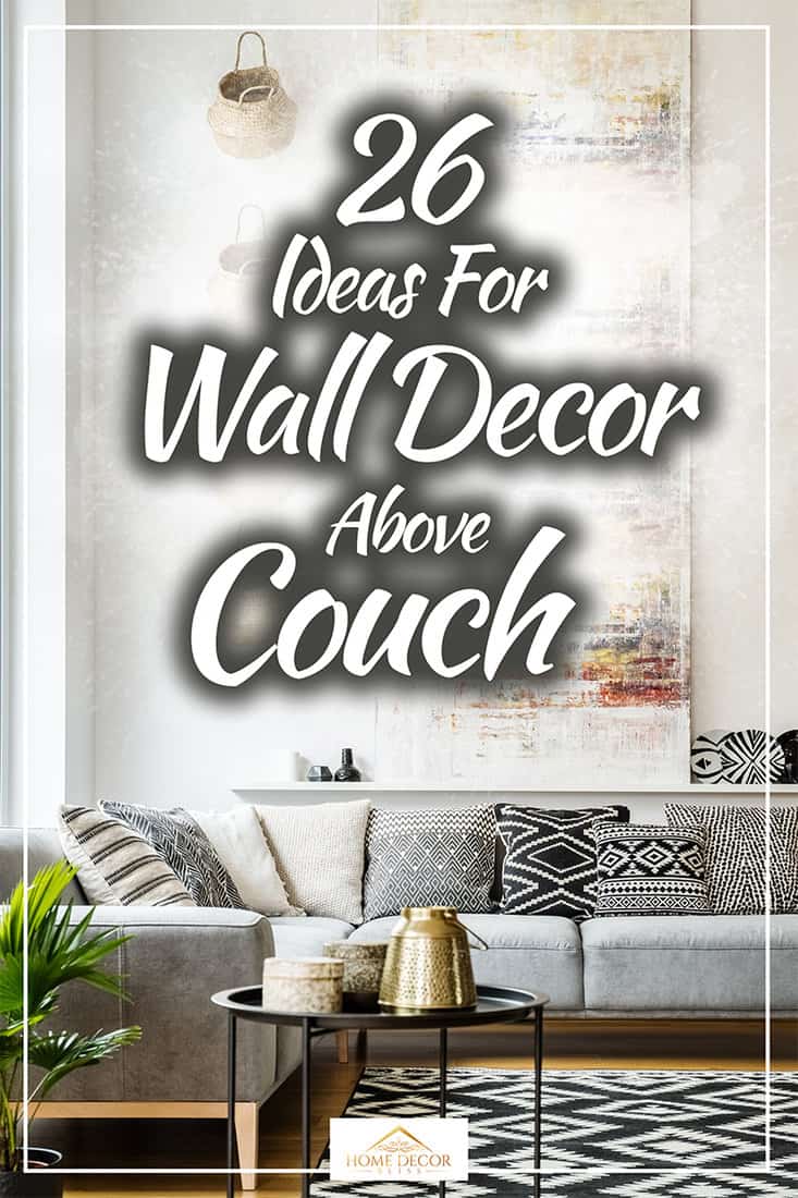 Patterned pillows on gray corner sofa in living room interior with table and painting, 26 Ideas For Wall Decor Above Couch