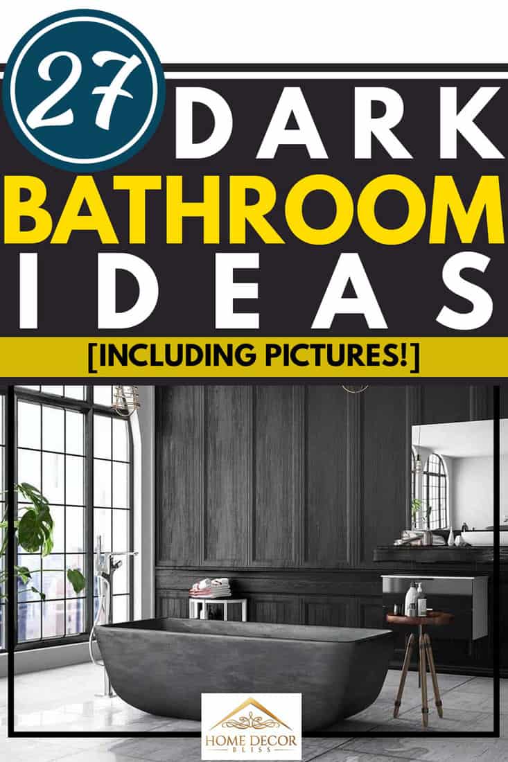 Black bathtub in modern loft interior bathroom with dark wood walls