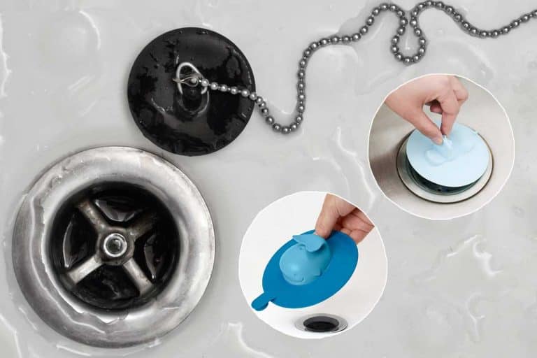 Collage of novelty bath tub plugs and drain stoppers with draining water and rubber plug on shower bath on the background